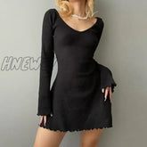 Hnewly Solid U Neck Backless Sexy Mini Dress Y2K A-Line Flared Long Sleeves Knitted Women Basic